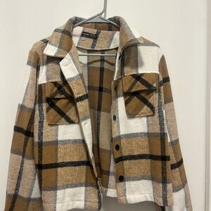 SHEIN Brown and White Plaid Utility Jacket